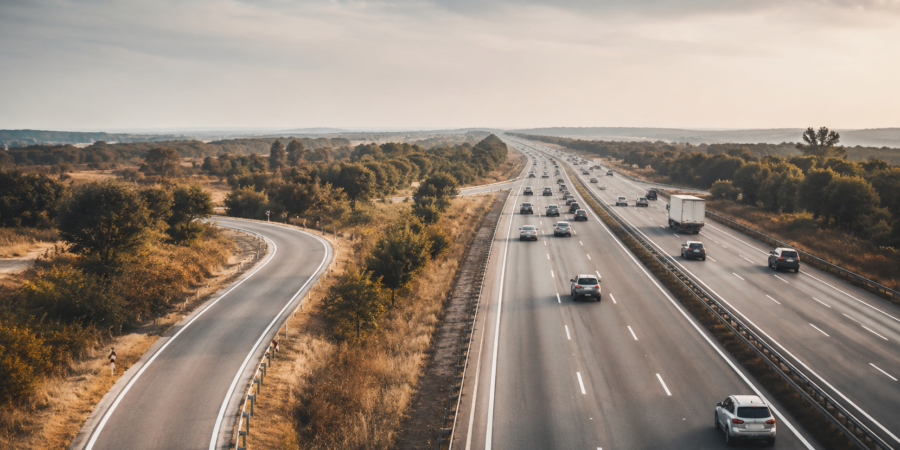 Highway with all vehicles moving in the same direction — a quiet fork branches left in the distance. Morris Misel on second-order consequences of AI performance gains.