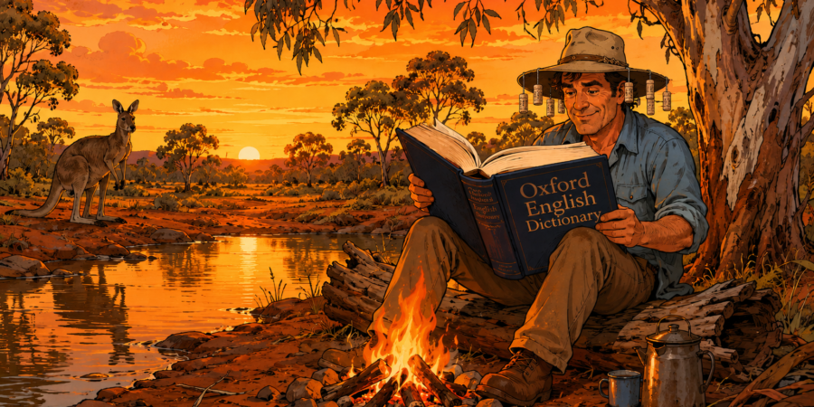 Australian man in cork hat reading the Oxford English Dictionary by a billabong campfire — 12 new Australian English words added by the OED in June 2026
