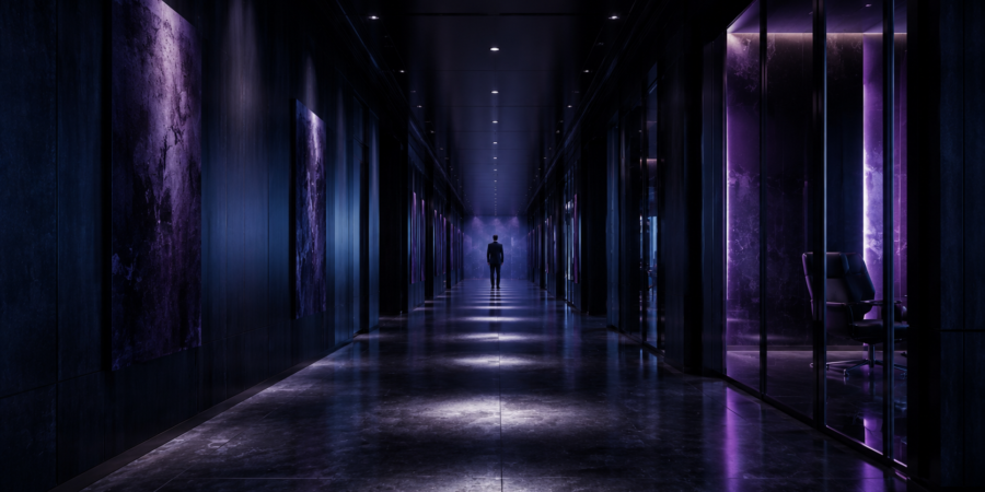A solitary figure walks away down a long corridor, deep in shadow, navy and purple tones — evoking the isolation of leadership when the management layer has been removed.