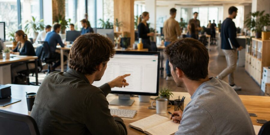 On 10 December, You Have to Say It Out Loud. Two colleagues at a desk in a busy daylit office, working through what a system decides and what they do when they disagree with it. By Morris Misel.