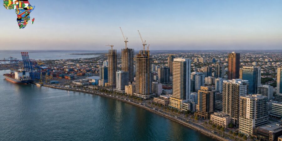 Aerial view of a modern African coastal city at sunrise with tower cranes over buildings under construction