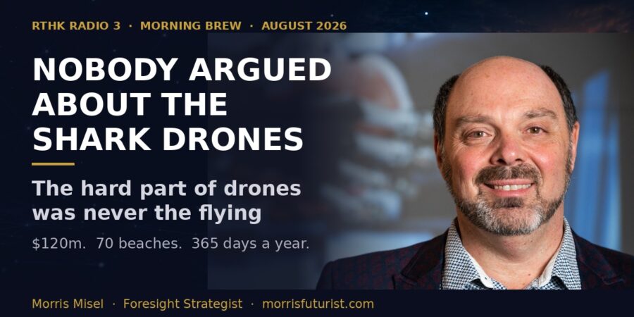 Morris Misel, foresight strategist, on NSW shark drones and permanent aerial surveillance of Australian beaches