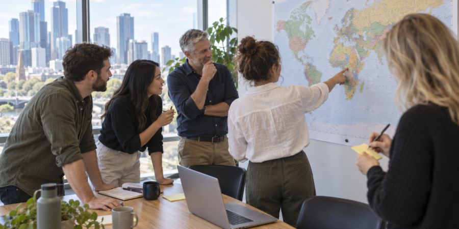 A leadership team standing at a large world map on an office wall in Melbourne, talking it through in daylight