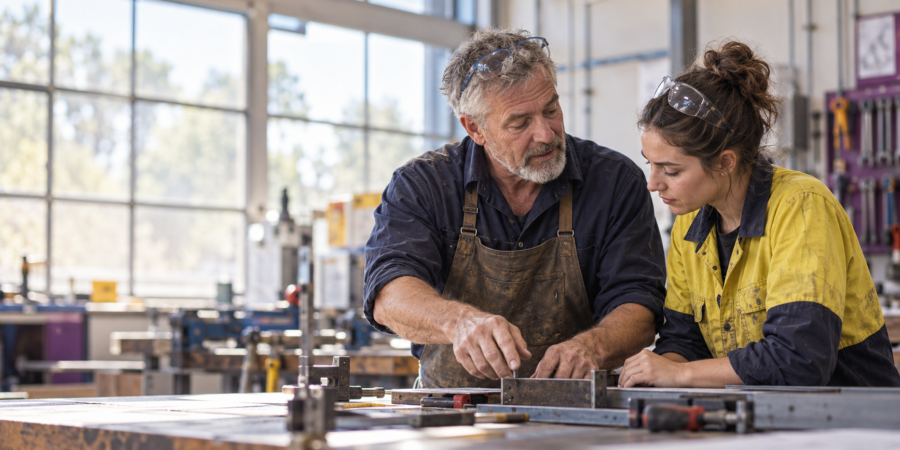 An experienced tradesperson and a young apprentice working through a job together at a bench in a daylit Australian workshop