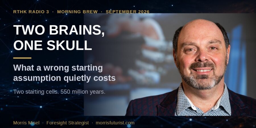 Morris Misel beside the headline Two Brains, One Skull, on RTHK Radio 3 Morning Brew, about Stanford research finding the human brain is two organs