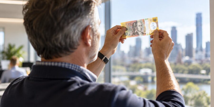 Reputation Was the Currency. Now It Can Be Forged: a person holds an Australian polymer banknote up to the office window light, checking it, by Morris Misel