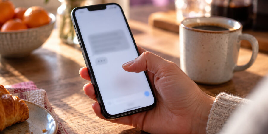 A hand holding a phone at a breakfast table, thumb paused above an incoming message: the pause before acting.