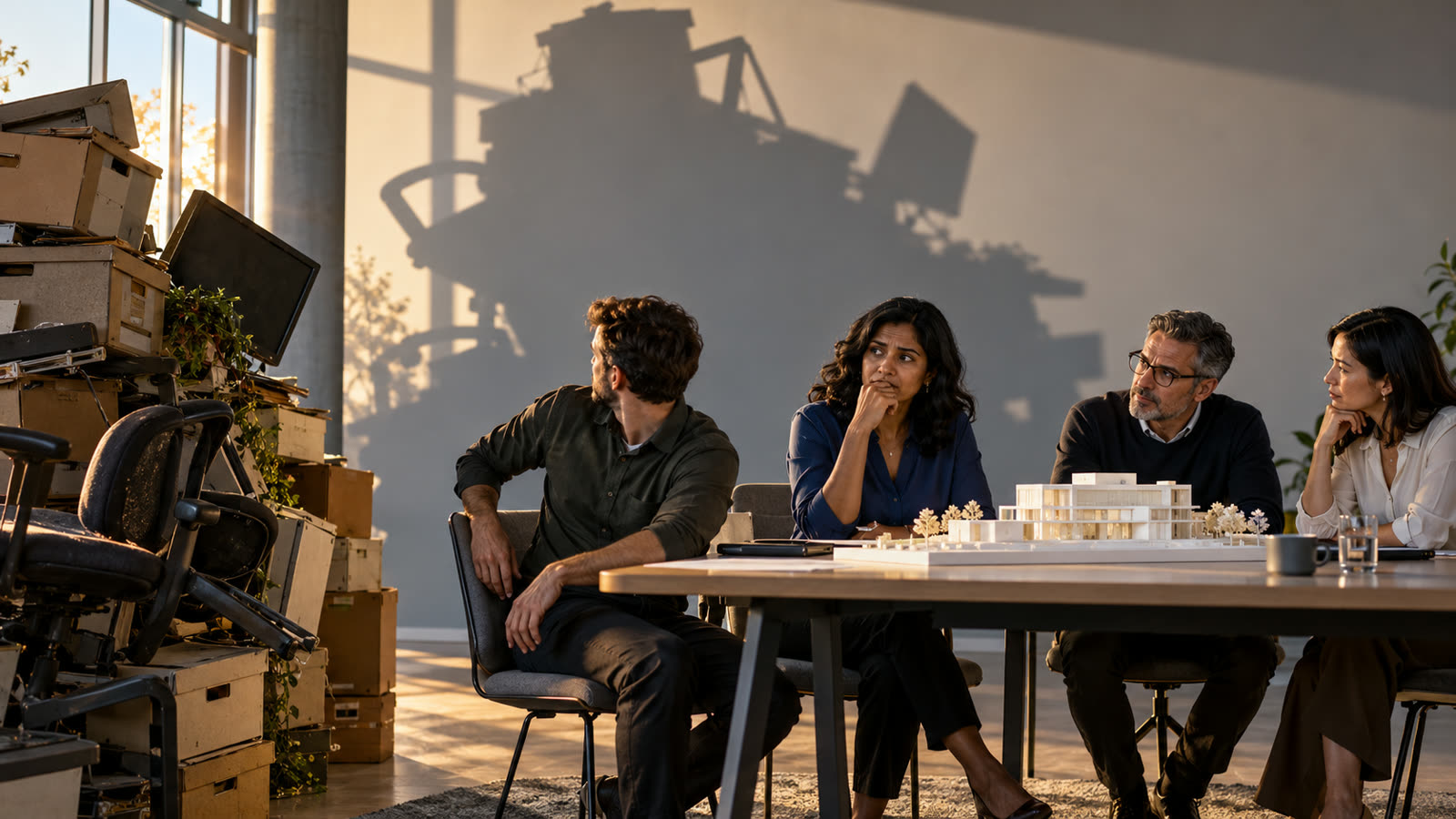 A team at a table looks uneasy, with a stack of old archive boxes, chairs and monitors on one side casting a large shadow on the wall behind them, and a clean architectural model on the table.
