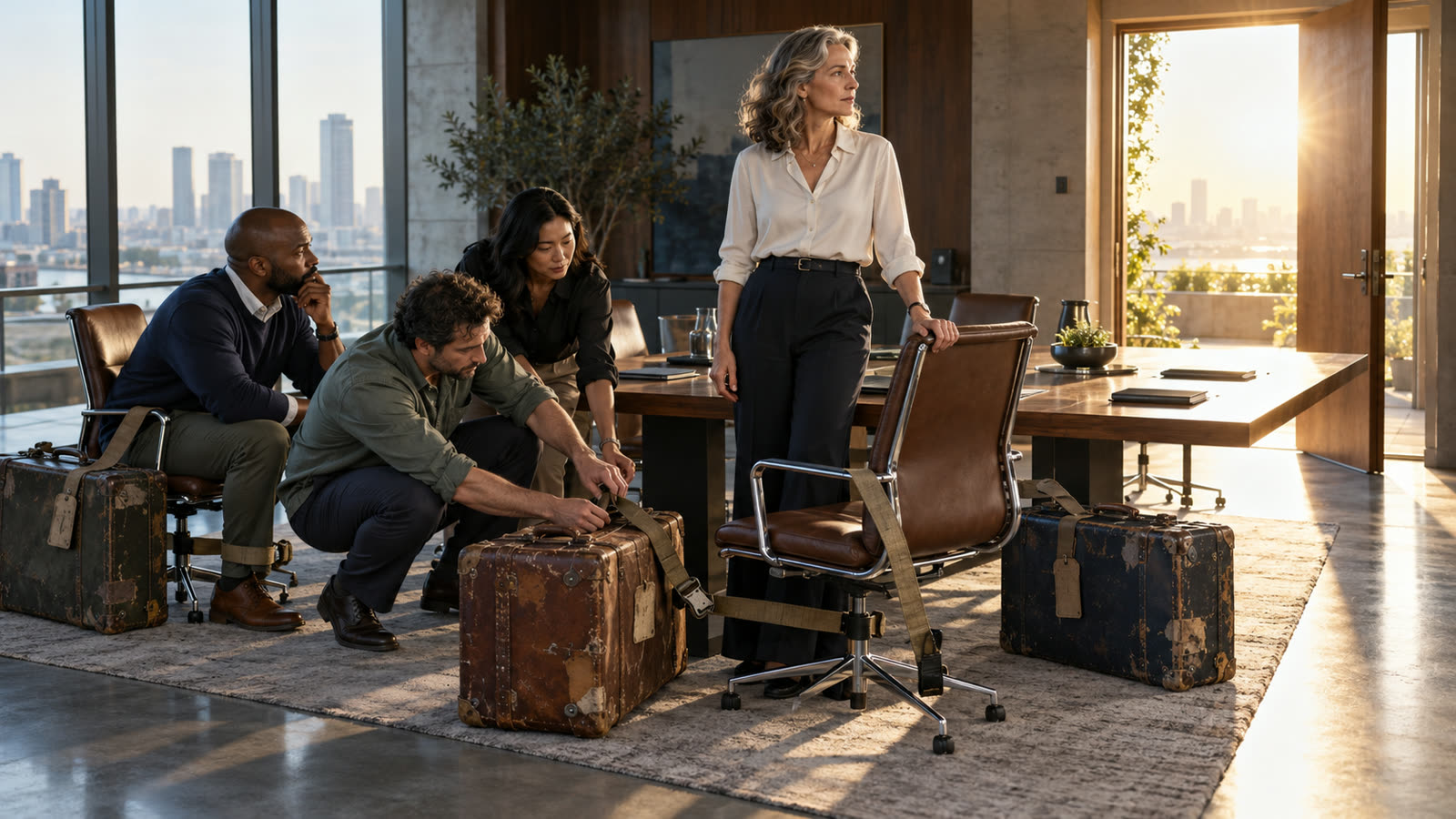 A boardroom team strapping worn leather suitcases to their chairs while one woman stands looking towards an open doorway and the sunlit city beyond.