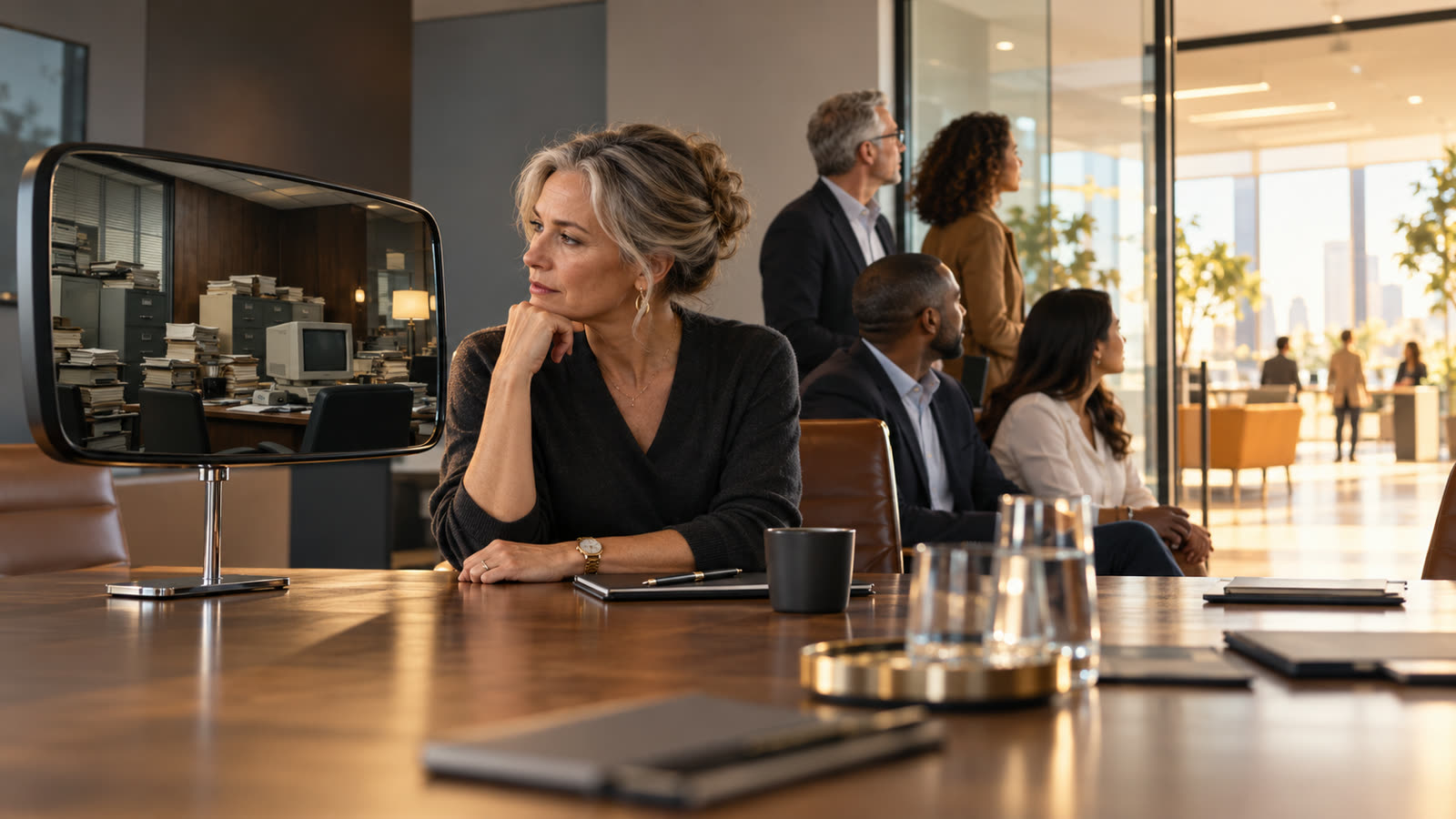 A woman at a boardroom table rests her chin on her hand and looks at a mirror showing an old office of filing cabinets and a beige computer, while her colleagues behind her look towards a bright, modern workspace.