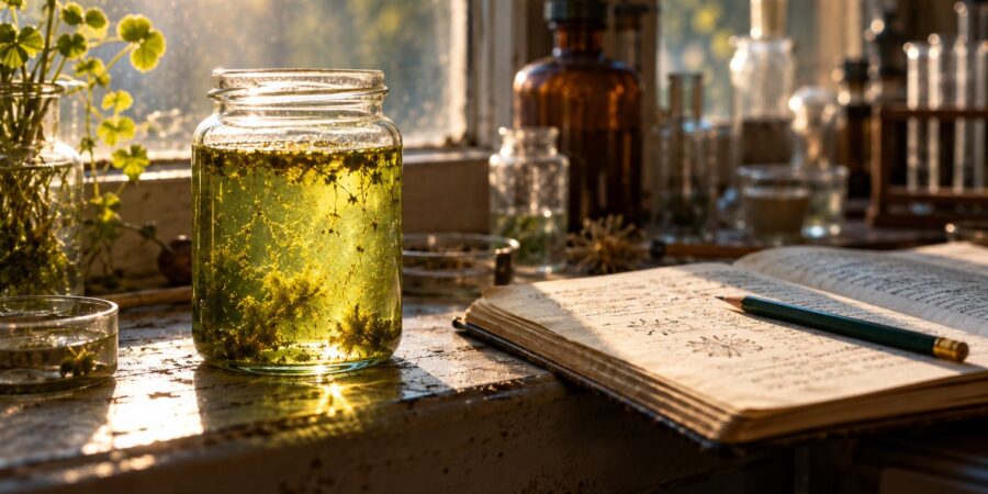 A glass jar of green pond water glowing in morning sun on an old lab windowsill, beside an open notebook and a pencil
