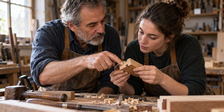 An experienced woodworker points to a joint in a piece of timber as a younger colleague holds it at a well-used workbench, learning by doing.